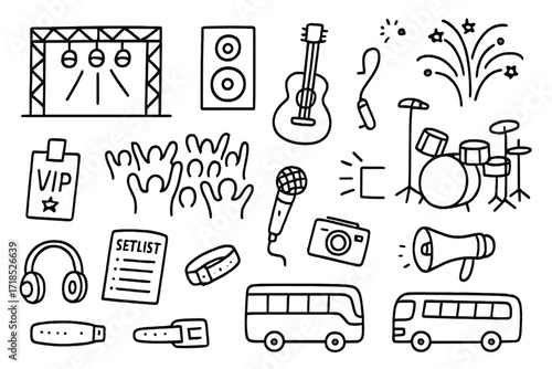 Concert Doodle Icons. Hand-drawn doodle illustration music concert stage lights, large speakers, guitar, drum set, microphone, crowd, VIP pass, headset,