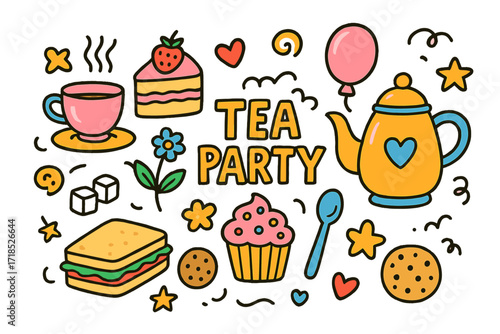Colorful Tea Party. Tea party. Colorful Hand-drawn doodle Children illustration teacup, teapot, cake, cupcake, flower, balloon, plate, sugar cube, spoon,