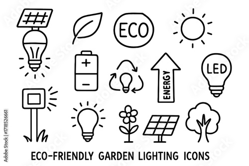 Eco-Friendly Garden Lighting. Hand-drawn doodle illustration Eco-Friendly Garden Lighting solar bulb, leaf, eco icon, battery, recycled lamp, green energy,