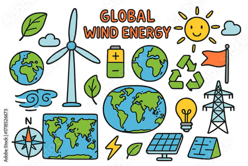 Colorful Energy Doodle. Colorful Hand-drawn doodle Children illustration [Global wind energy] [wind turbine, world map, leaf, sun, battery, lightning bolt,