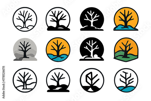 Morning Fog Logo Collection. Set Logo of Model on Location: sunset beach catwalk. Logo set in vector style, emblematic variations. line, bold thick line, solid