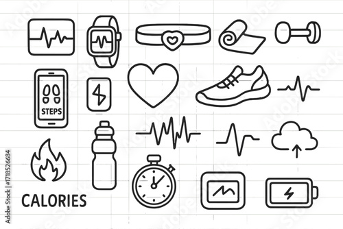 Fitness Doodle Icons. Hand-drawn doodle illustration ECG and fitness lifestyle smartwatch, chest strap, yoga mat, dumbbell, heart icon, running shoe, pulse