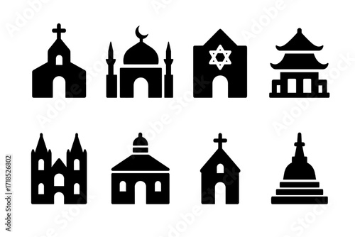 Religious Buildings Icons. Solid, filled icon set of religious buildings: church, mosque, synagogue, pagoda, cathedral, monastery, chapel, stupa. Solid, filled