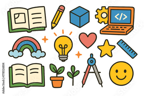 Creative Design Doodle. Colorful Hand-drawn doodle Children illustration Product Design Process [sketchbook, pencil, 3D cube, laptop, gear, ruler, compass,