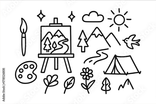 Mountain Doodle Art. Hand-drawn doodle illustration Artist inspired by mountains [easel, paintbrush, palette, mountain, tree, river, star, sun, cloud, sparkle,