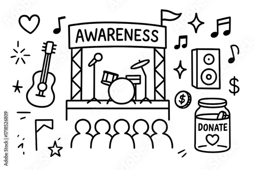 Concert Doodle Icons. Hand-drawn doodle illustration Awareness concert [stage, guitar, microphone, drum, banner, flag, sparkle, star, heart, donation jar,
