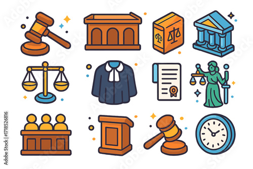 Colorful Courtroom Icons. Judges. Colorful isometric vector icons set of judges: gavel, judge?s bench, law book, courthouse, scales of justice, judge?s robe,