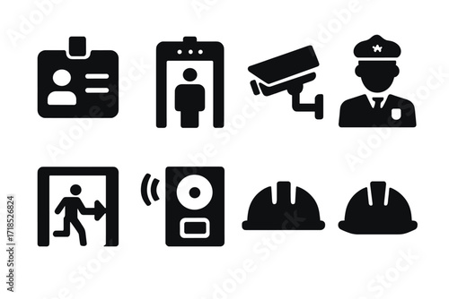 Workplace Security Icons. Solid, filled icon set of workplace security: ID card, security checkpoint, CCTV, security guard, metal detector, emergency exit,