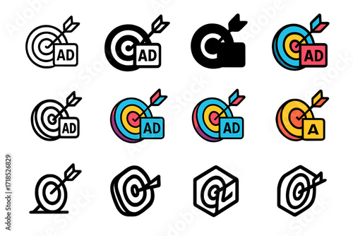 Bullseye Logo Grid. Set Logo of Digital Marketing: Targeted Ad Bullseye. Logo set in vector style, emblematic variations. line, bold thick line, solid black