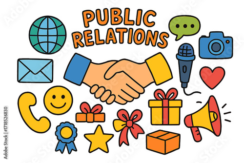 Colorful PR Doodle Art. Public relations. Colorful Hand-drawn doodle Children illustration handshake, globe, envelope, phone, chat bubble, camera, microphone,