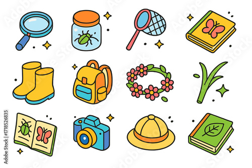 Nature Exploration Icons. Colorful isometric vector icons set of kids exploring meadow: magnifying glass, bug jar, butterfly net, sketchbook, rain boots,