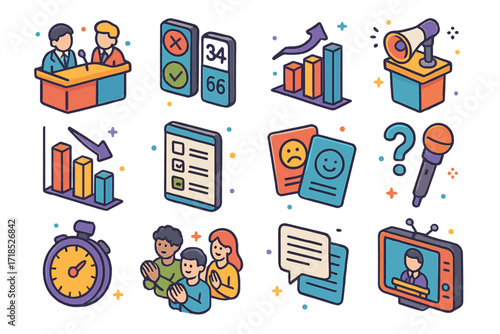 Political Debate Icons. Colorful isometric vector icons set of political debates and decision making: debate desk, vote counter, public opinion