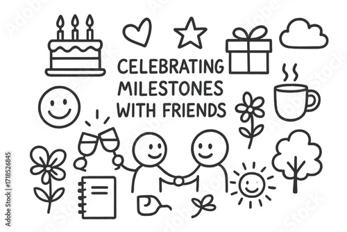 Celebratory Doodle Icons. Hand-drawn doodle illustration Celebrating milestones with friends [cake, candles, heart, star, two people clinking glasses, gift