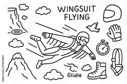Wingsuit Adventure Doodle. Hand-drawn doodle illustration wingsuit flying wingsuit, pilot, glide lines, body position, air stream, mountaintop, cliff, clouds,