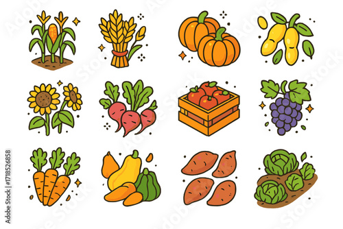 Autumn Harvest Icons. Colorful isometric vector icons set of autumn harvest crops: corn stalks, wheat bundle, pumpkins, soybeans, sunflower heads, sugar beets,