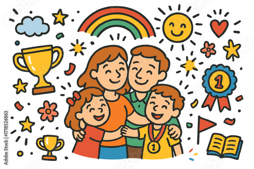 Family Victory Celebration. Colorful Hand-drawn doodle Children illustration Family Embrace After Win [hugging family, trophy, medal, ribbon, star, rainbow,