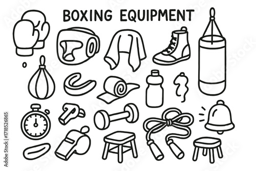 Doodle Boxing Gear. Hand-drawn doodle illustration Boxing Equipment [gloves, headgear, shoes, punching bag, speed bag, mouthguard, towel, water bottle,