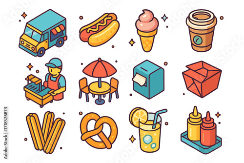 Street Food Icons. Colorful isometric vector icons set of Street Food Adventures: food truck, hot dog, ice cream cone, coffee cup, street vendor, outdoor