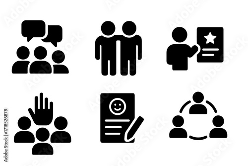 Peer Influence Icons. Solid, filled icon set of peer influence: group chat, friendship chain, peer review, shared post, team vote, feedback form, thumbs up,