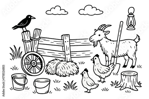 Rustic Farm Icons. Farm Fence Old. Hand-drawn doodle illustration farm fence old leaning posts, rope, wooden planks, hay, crow, goat, chicken, bucket, wagon