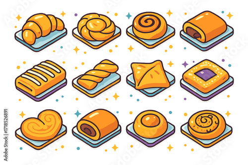 Pastry Icon Collection. Colorful isometric vector icons set of Pastries on Tray: croissants, danishes, cinnamon rolls, pain au chocolat, strudels, puff pastry