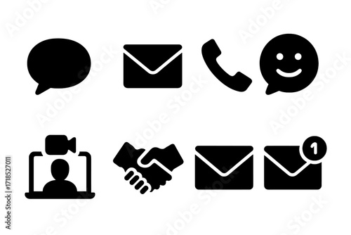 Communication Icon Grid. Solid, filled icon set of deal communication: speech bubble, email, phone call, chat, video conference, handshake, letter,