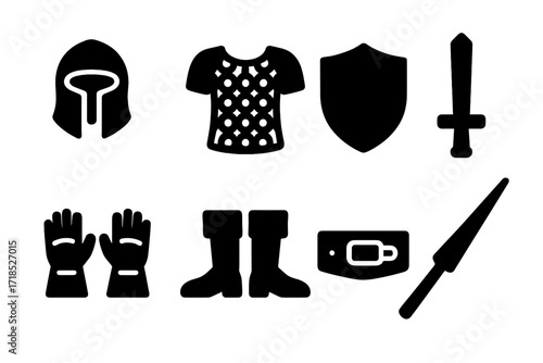 Vassal Armor Icons. Solid, filled icon set of vassal armor and equipment: helmet, chainmail, shield, sword, gauntlets, boots, belt, lance. Solid, filled icons
