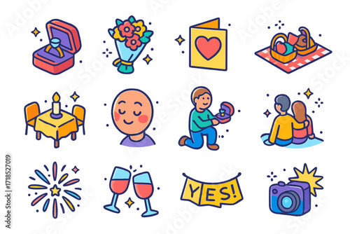 Romantic Proposal Icons. Colorful isometric vector icons set of romantic proposal confessions: engagement ring box, bouquet, heart card, picnic