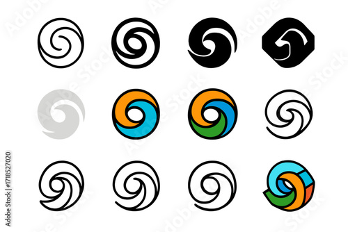 Abstract Swirl Logos. Set Logo of Brand Identity: Abstract swirl. Logo set in vector style, emblematic variations. line, bold thick line, solid black filled,