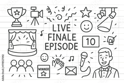Live Finale Celebration. Hand-drawn doodle illustration Live finale episode [trophy, camera, confetti, envelope, stage, lights, countdown, spotlight, audience,