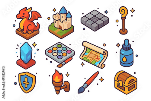 Fantasy Miniature Icons. Colorful isometric vector icons set of fantasy miniature modeling: dragon figure, castle terrain, dungeon base tile, tiny wizard
