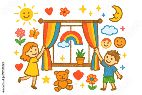 Colorful Children's Doodle. Colorful Hand-drawn doodle Children illustration Decorating with Curtains colorful curtains, curtain rod, window, rainbow, smiling