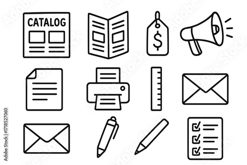 Marketing Essentials Doodle. Marketing Materials. Hand-drawn doodle illustration catalog, flyer, brochure, poster, price tag, megaphone, paper sheets, printer,