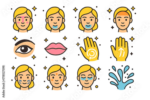 Facial Cleansing Icon Set. Colorful isometric vector icons set of facial zones in cleansing: T-zone highlight, cheeks area, chin zone, forehead section, eye