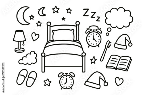 Nighttime Rest Icons. Hand-drawn doodle illustration Nighttime rest bed, blanket, pillow, lamp, moon, stars, cloud, slippers, alarm clock,