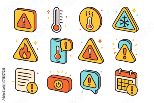 Emergency Alert Icons. Colorful isometric vector icons set of emergency temperature alerts: app warning icon, red thermometer spike, overheating symbol, frost