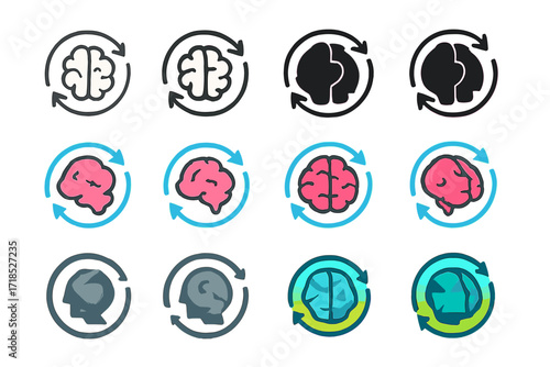 Cognitive Therapy Logos. Set Logo of Cognitive Therapy: Circular arrows around brain. Logo set in vector style, emblematic variations. line, bold thick line,