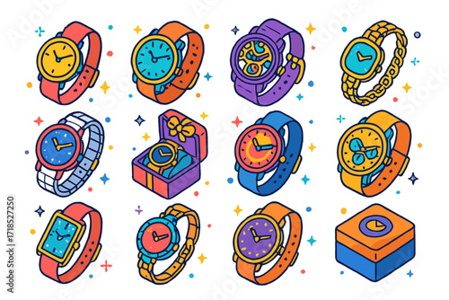 Colorful Watch Icons. Designer watches. Colorful isometric vector icons set of designer watches: minimalist wristwatch, oversized watch, skeleton design watch,