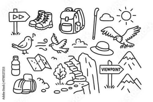 Cliffside Hiking Doodle. Hand-drawn doodle illustration Cliffside hiking [trail marker, hiking boots, backpack, walking stick, water bottle, map, bird, eagle,