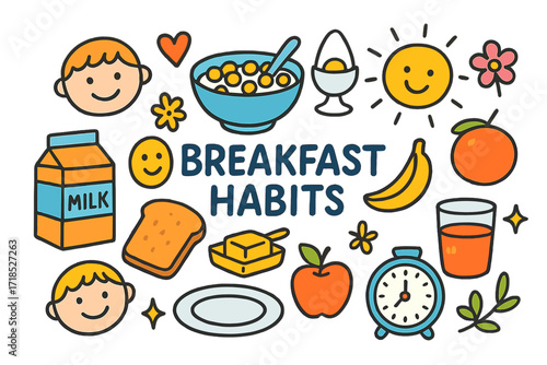 Joyful Breakfast Doodles. Colorful Hand-drawn doodle Children illustration Breakfast Habits bowl of cereal, milk carton, spoon, bread, egg, butter, juice