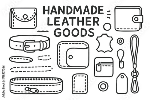 Leather Goods Doodle. Hand-drawn doodle illustration Handmade Leather Goods coin pouch, wallet, belt, strap, stitching lines, snap button, zipper, edge trim,