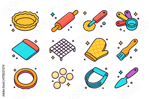 Pie-Making Tools Icons. Colorful isometric vector icons set of Pie-Making Tools: pie dish, rolling pin, pastry cutter, measuring spoons, dough scraper, cooling
