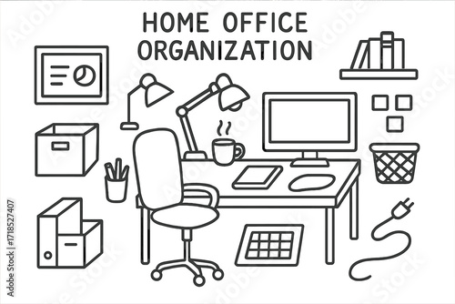 Home Office Sketch. Hand-drawn doodle illustration [Home office organization] [desk, chair, filing box, pen holder, whiteboard, cable, lamp, planner, tablet,