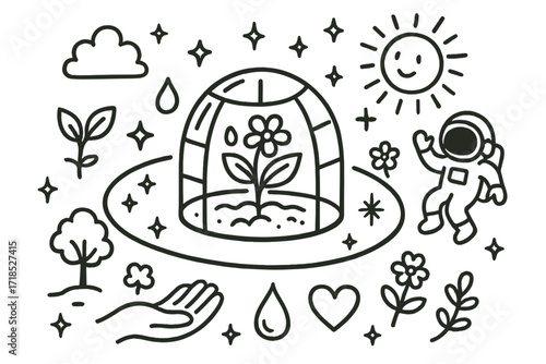 Orbital Greenhouse Doodle. Hand-drawn doodle illustration Greenhouse in orbit [dome, glass panels, plant, leaf, flower, water droplet, astronaut, sun, star,