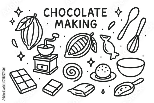 Chocolate Creation Doodles. Hand-drawn doodle illustration Chocolate Making [cocoa bean, cocoa pod, grinder, spoon, whisk, bowl, truffle, bar, swirl, wrapper,