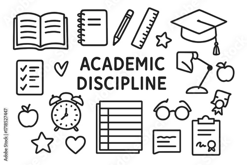 Academic Doodle Icons. Hand-drawn doodle illustration Academic discipline [open book, notebook, pencil, ruler, graduation cap, checklist, alarm