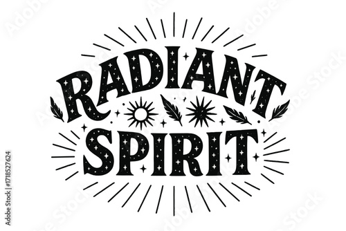 Radiant Spirit Display. Radiant Spirit ? Decorative Display Lettering, arched letters filled with tiny stars, feathers, and sun icons, framed with bursts,
