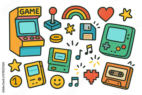 Vintage Gaming Doodles. Colorful Hand-drawn doodle Children illustration Vintage Gaming [arcade machine, joystick, game cartridge, handheld console, floppy