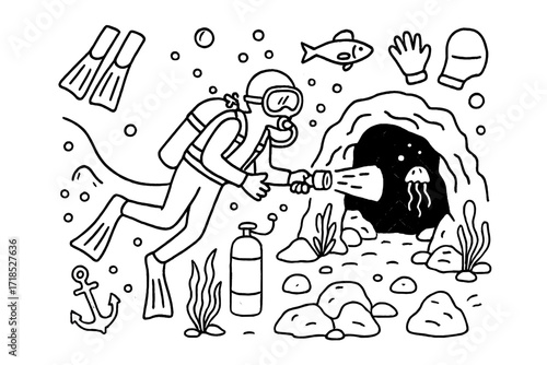 Underwater Cave Exploration. Hand-drawn doodle illustration underwater cave diving diver, flashlight, rope, fins, mask, bubbles, cave entrance, rocks, seaweed,
