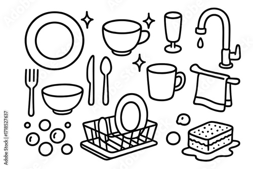 Clean Dishes Doodle. Hand-drawn doodle illustration Clean dishes [plate, bowl, mug, sparkling icon, fork, knife, spoon, glass, tray, dish rack, soap bubbles,